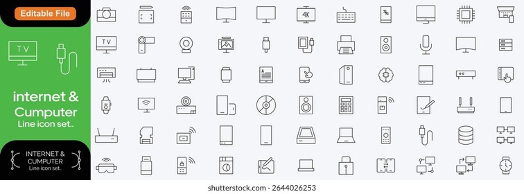 Ícone de Internet definido. Contendo on-line, computador, rede, site, servidor, design da Web, hardware, software, data center, wifi, hotspot, roteador e muito mais. Ícones de linha editáveis. Ilustração vetorial.