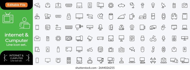 Internet icon set. Containing online, computer, network, website, server, web design, hardware, software, data center, wifi, hotspot, router and more. Editable line icons. Vector illustration.