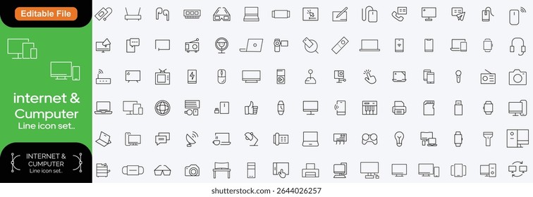 Ícone de Internet definido. Contendo on-line, computador, rede, site, servidor, design da Web, hardware, software, data center, wifi, hotspot, roteador e muito mais. Ícones de linha editáveis. Ilustração vetorial.