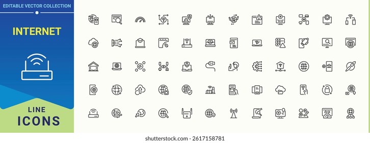 Internet icon set. Contains such symbols as server, connection, data, communication, net and more. Technology linear icon collection. Thin outline icons pack. Editable stroke. Vector collection.