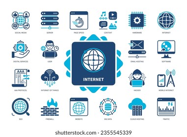 Juego de iconos de Internet. Servicios Digitales, Hacker, Software, Firewall, Email Hosting, Hardware, Internet of Things, Website. Iconos sólidos de color Duotone