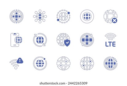 Internet icon set. Duotone style line stroke and bold. Vector illustration. Containing www, localization, global connection, worldwide, internet, internet security, internet browser, wifi, global, web