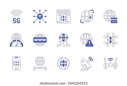 Internet icon set. Duotone style line stroke and bold. Vector illustration. Containing internet, no internet, global, high speed, worldwide, g, satellite, web browser, world, domains, wifi, modem.
