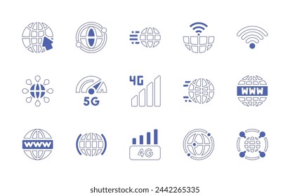 Conjunto de iconos de Internet. Trazo de línea de estilo duotono y negrita. Ilustración vectorial. Contiene world wide web, g, globalización, globo, Internet, mundo, en todo el mundo, 4g, velocímetro, navegador, wifi.