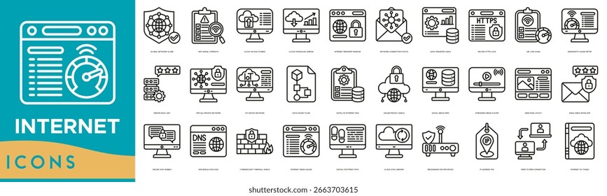 Internet Icon set. Global Network Globe, WiFi Signal Strength, Cloud Upload Symbol, Cloud Download Arrow, Internet Browser Window and Network Connection Status