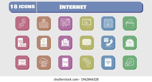 internet icon set. included audiobook, shop, learn, learning, touchscreen, click, cloud, online shop, student-laptop, desktop icons on white background. linear, filled styles.