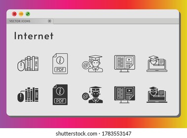 internet icon set. included books, pdf, ebook, student, training icons on white background. linear, filled styles.