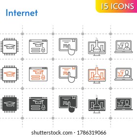 internet icon set. included chemistry, chip, professor, touchscreen, login icons on white background. linear, bicolor, filled styles.