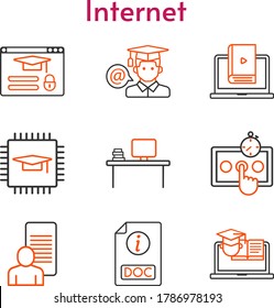 internet icon set. included chip, study, desktop, test, student, learn, doc, training, login icons. bicolor styles.