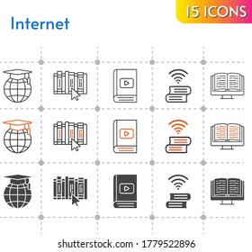 conjunto de iconos de Internet. incluye libros electrónicos, escuelas, libros, íconos de libros sobre fondo blanco. estilos lineales, bicolores, rellenos.