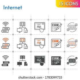 conjunto de iconos de Internet. incluye exámenes, comentarios, escuela, libro, pantalla táctil, iconos sobre fondo blanco. estilos lineales, bicolores, rellenos.