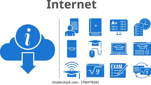 conjunto de iconos de Internet. incluye exámenes, estudios, ebook, cap, test, deberes, matemáticas, aprendizaje, información, iconos de inicio de sesión. estilos rellenos.