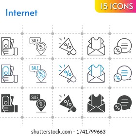 conjunto de iconos de Internet. incluye megáfono, boletín informativo, dinero, chat, iconos de marcador de posición sobre fondo blanco. estilos lineales, bicolores, rellenos.