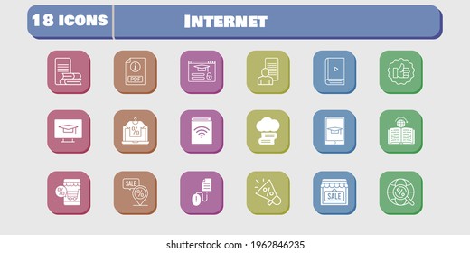 internet icon set. included megaphone, study, audiobook, shop, like, learning, login, student-desktop, click, cloud library, online shop icons on white background. linear, filled styles.