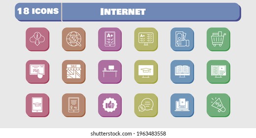 internet icon set. included megaphone, shop, test, like, learn, touchscreen, student-desktop, tablet, ereader, ebook icons on white background. linear, filled styles.