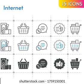 internet icon set. included money, like, chat, shopping cart, shopping-basket, shopping basket icons on white background. linear, bicolor, filled styles.