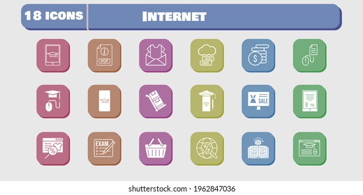 internet icon set. included newsletter, smartphone, shopping-basket, learning, login, click, trolley, exam, cloud library, student-smartphone icons on white background. linear, filled styles.