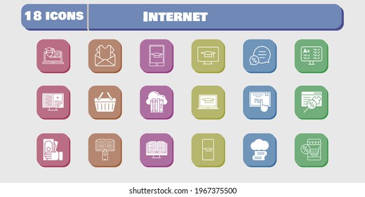 internet icon set. included newsletter, test, touchscreen, training, shopping-basket, student-desktop, student-smartphone, cloud library icons on white background. linear, filled styles.