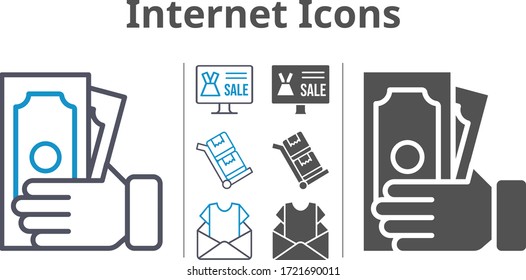 internet icon set included online shop, newsletter, money, trolley icons