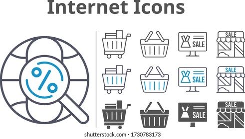 internet icon set included online shop, shop, shopping cart, shopping-basket, internet, shopping basket icons
