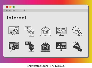 internet icon set. included online shop, megaphone, placeholder icons on white background. linear, filled styles.