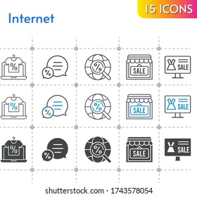 internet icon set. included online shop, shop, chat, internet icons on white background. linear, bicolor, filled styles.