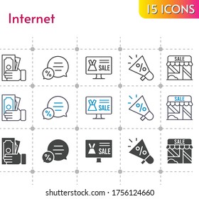 internet icon set. included online shop, megaphone, shop, money, chat icons on white background. linear, bicolor, filled styles.