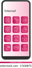 internet icon set. included online shop, shopping bag, sale, like, towel, voucher, shopping cart, discount, jacket, placeholder, credit card, internet icons on phone design background . linear styles.