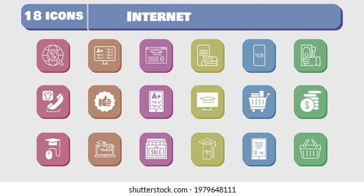 internet icon set. included shop, smartphone, test, like, training, login, student-desktop, shopping basket, student-smartphone, tablet icons on white background. linear, filled styles.