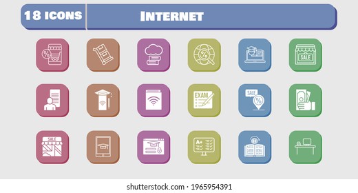 internet icon set. included study, audiobook, shop, smartphone, test, learning, training, login, trolley, cloud library, exam icons on white background. linear, filled styles.