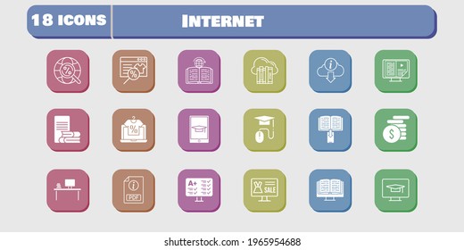 internet icon set. included test, learning, student-desktop, cloud, online shop, ebook, desktop, pdf, money, online-learning, elearning icons on white background. linear, filled styles.