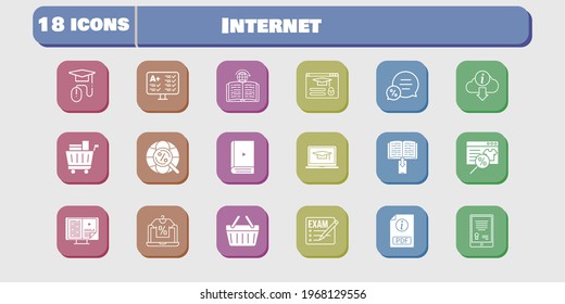 internet icon set. included test, shopping-basket, learning, login, exam, online shop, tablet, ebook, pdf, student-laptop, chat icons on white background. linear, filled styles.