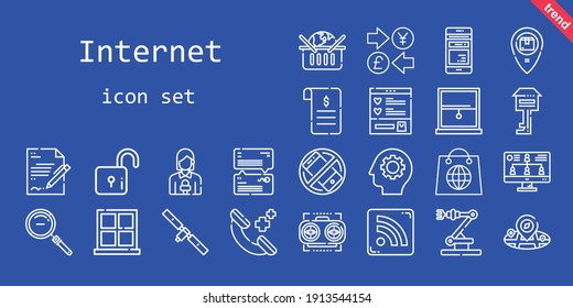 conjunto de iconos de Internet. estilo de icono de línea. iconos relacionados con internet como silencioso, compras en línea, lista de deseos, contrato, reportero de noticias, monitor, fuente de rss, visión, teléfono móvil, chat, llamada telefónica, bloqueo