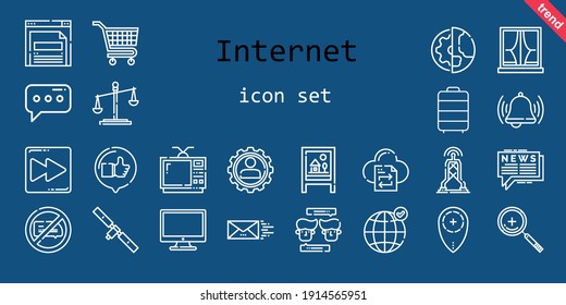 internet icon set. line icon style. internet related icons such as news, antenna, settings, file transfer, zoom in, no chatting, law, like, television, message, bell, trolley, earth grid, computer