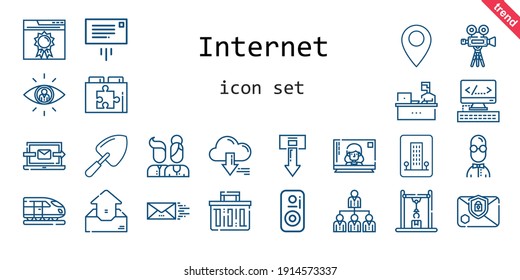 internet icon set. line icon style. internet related icons such as server, television, searching, shovel, video camera, networking, message, laptop, outbox, shopping basket, users, download, pin
