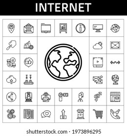 internet icon set. line icon style. internet related icons such as gender, upload, earth globe, shovel, camcorder, cloud, phone call, share, placeholder, cloud computing, industrial robot
