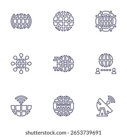 Conjunto de iconos de Internet. Estilo de línea. Internet, globo, mundo, satélite, en todo el mundo.