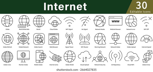 Internet Icon Set em Estilo de Linha com Vetor Editável para Web, Rede, Conexão e Tecnologia Digital