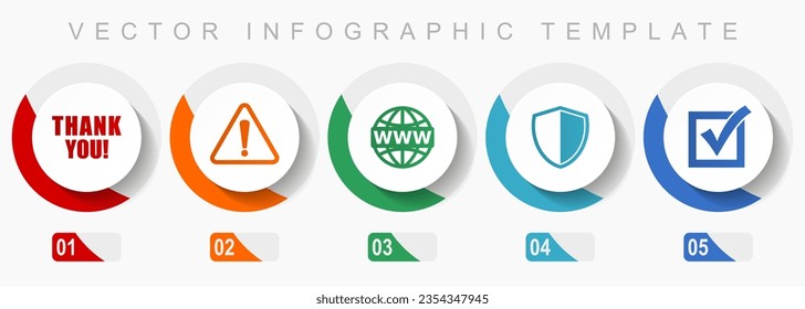 Internet icon set, miscellaneous icons such as thank you, warning, www, shield and vote, flat design vector infographic template, web buttons in 5 color options