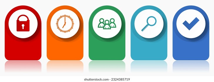 Internet icon set, miscellaneous vector icons such as padlock, watch, people, lens and vote, modern design infographic template, web buttons in 5 color options