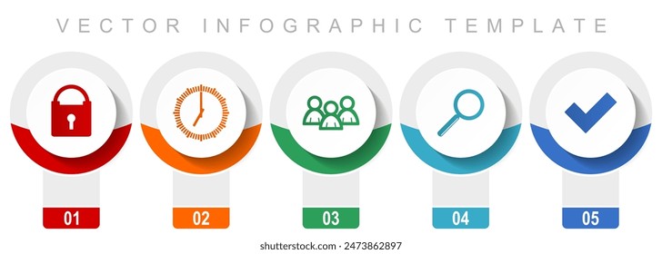 Internet icon set, miscellaneous vector icons such as padlock, watch, people, lens and vote, modern design infographic template, web buttons in 5 color options