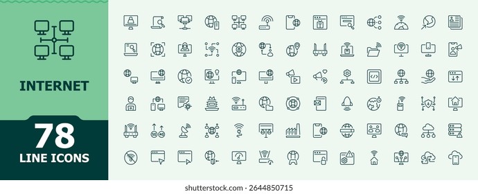 Internet icon set. Outline icons pack. Network related icon set. Contain linear sign network, web, communication, server, connect, connection, computer and more.