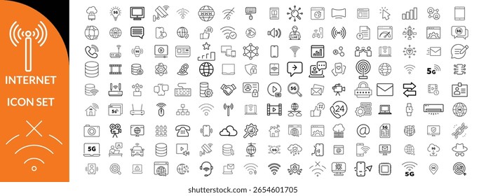 Conjunto de iconos de Internet. Paquete de iconos de contorno. Conjunto de iconos relacionados con la red. Contiene la red de la muestra lineal, el Web, la comunicación, el servidor, conecta, la conexión, el ordenador y más diseño