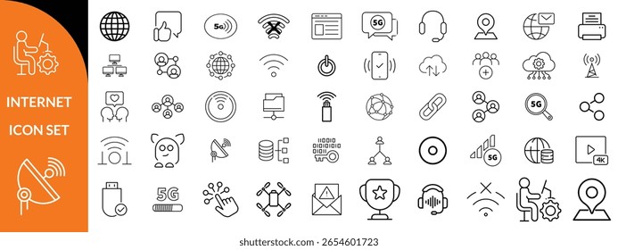 Internet icon set. Outline icons pack. Network related icon set. Contain linear sign network, web, communication, server, connect, connection, computer and more design