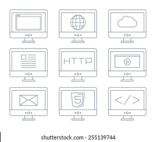 Internet icon set, simple flat grey line contour