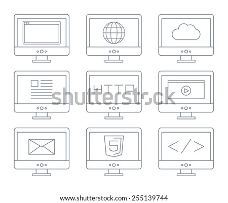 Internet icon set, simple flat grey line contour
