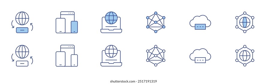 Internet icon set in two styles, Duotone and Thin Line style. Editable stroke. data transfer, networking, responsive design, password, internet, connection.