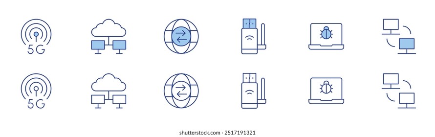 Ícone de Internet definido em dois estilos, Duotônico e Linha fina. Traçado editável. 5g, computação em nuvem, wifi, comércio, bug, computador.