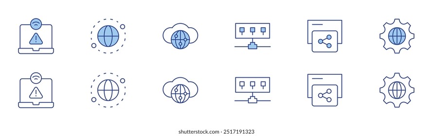 Internet icon set in two styles, Duotone and Thin Line style. Editable stroke. no connection, hub, share, internet, localization.