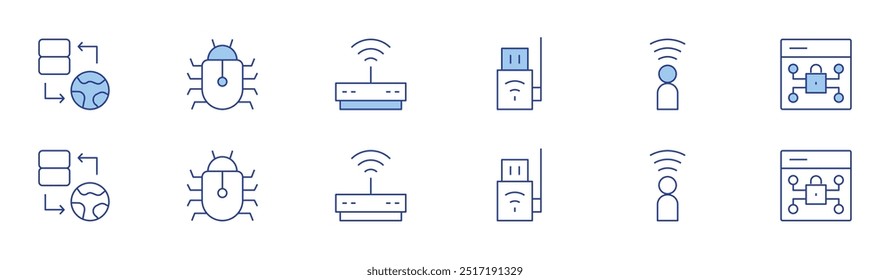 Internet-Symbol in zwei Stilen, Duotone und Thin Line Stil. Bearbeitbarer Strich. Hosting, Wireless Internet, Benutzer, Schutz, Spyware, Modem.